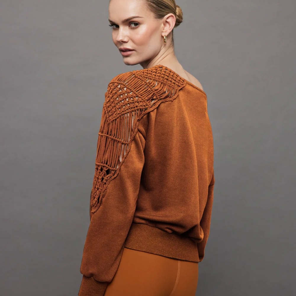 Carbon38 Macrame Shoulder Sweatshirt —Caramel